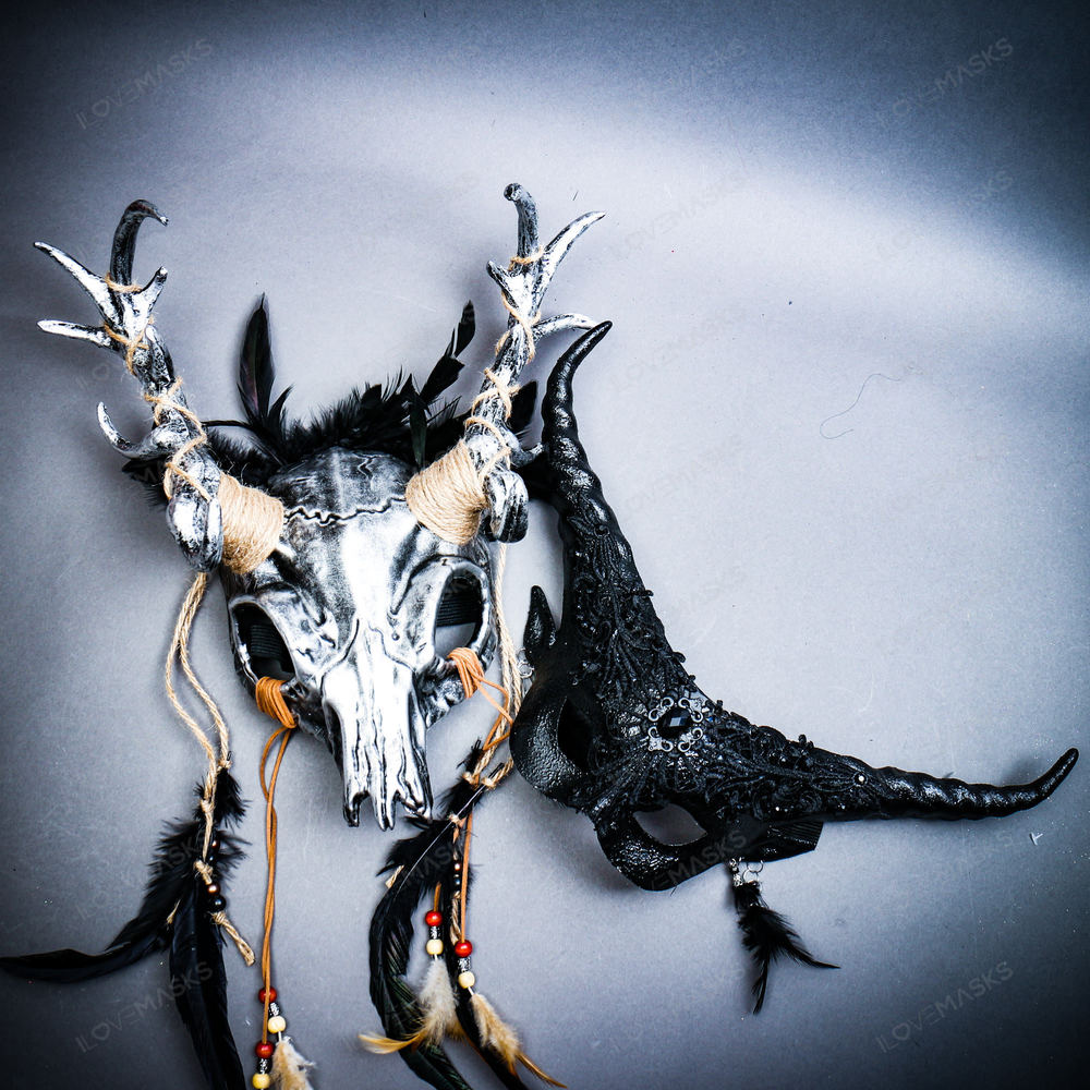 Animal Deer Horns Devil Masquerade Party Mask w/ Women Long Horns Black Mask